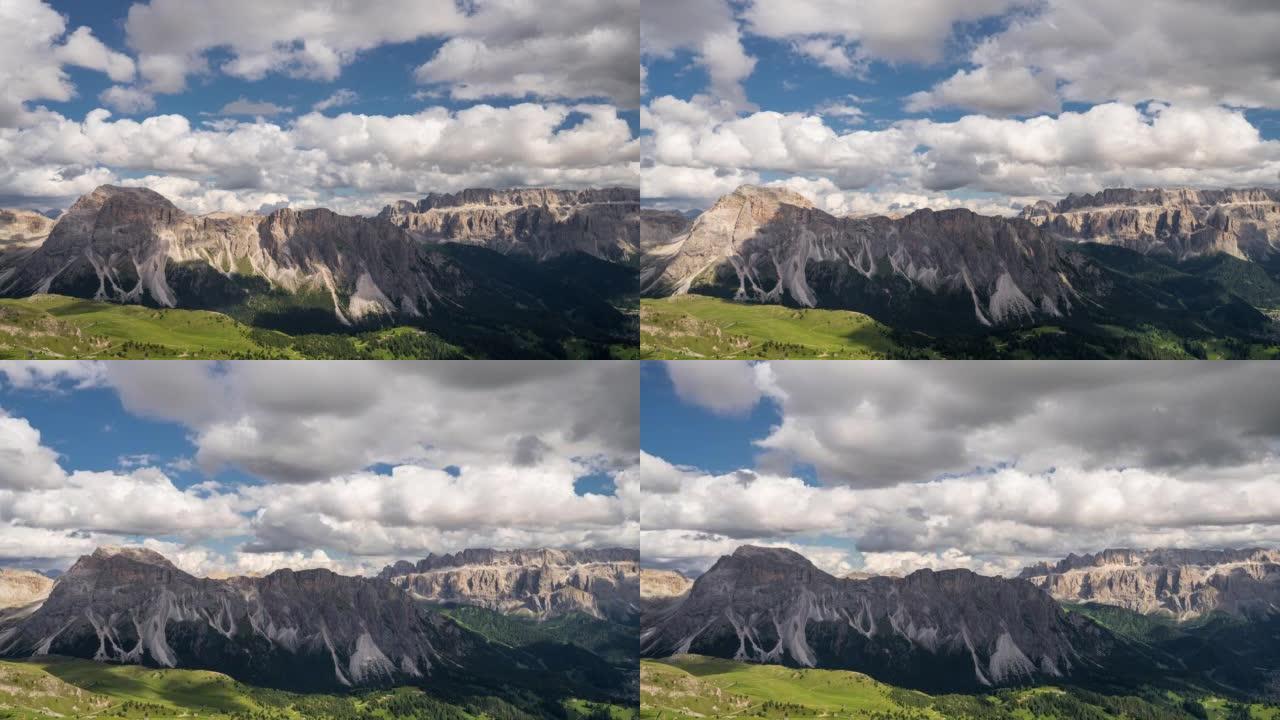 意大利多洛米蒂的塞塞达南蒂罗尔，阿尔卑斯山欧洲山区多云运动的延时日落场景