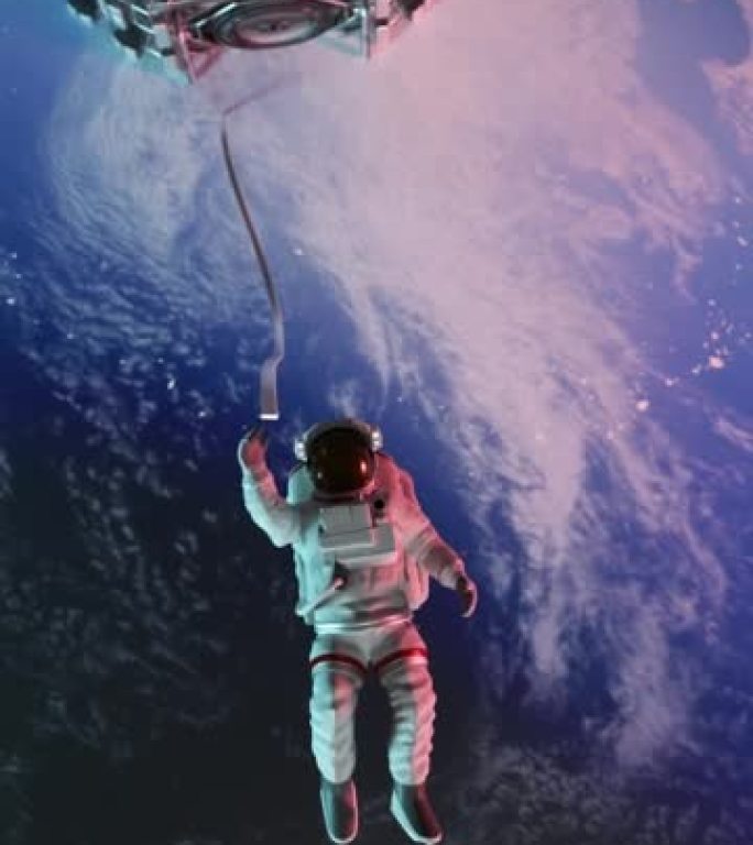 太空中的垂直宇航员或宇航员，以幻想的太空背景和4k分辨率的门户进行探索