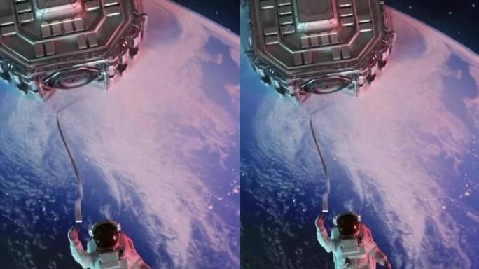 太空中的垂直宇航员或宇航员，以幻想的太空背景和4k分辨率的门户进行探索