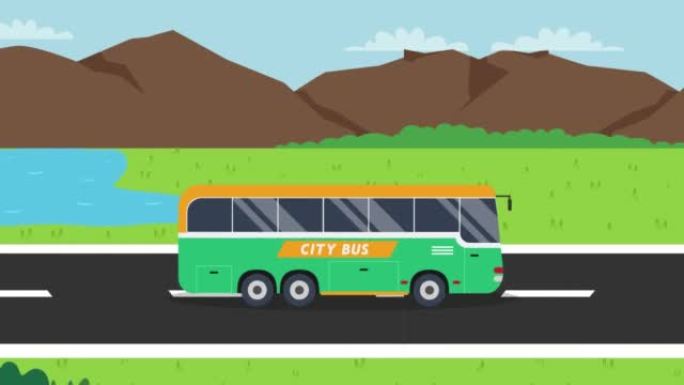 城市公交车行驶在山地背景的道路上