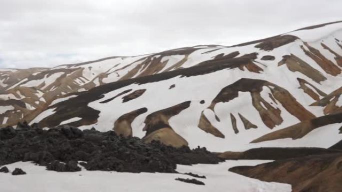 夏季冰岛高地的布兰妮斯坦萨尔达小径火山山和雪覆盖在Landmannalaugar