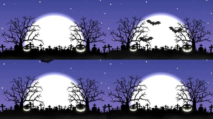 万圣节背景动画与大月亮，动画树，飞行蝙蝠和可怕的南瓜。万圣节的恐怖之夜