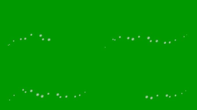 动画银色雪花从左到右飞舞。一波飞雪。冬天的概念，寒冷。矢量插图孤立在绿色背景上。