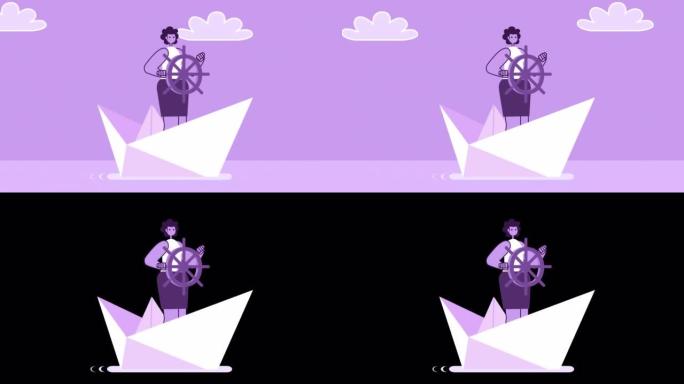紫色风格的女人平字在纸船上航行。带有Alpha通道的孤立循环动画