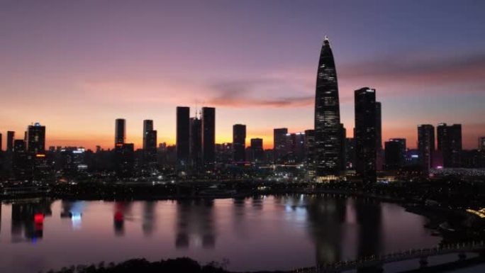 中国深圳市日落时的风景航拍镜头