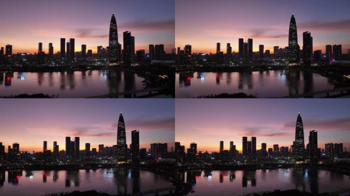 中国深圳市日落时的风景航拍镜头