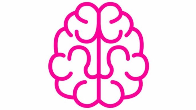 大脑的动画粉色符号。图标是逐渐绘制的。想法和创意的概念。线矢量插图孤立在白色背景上。