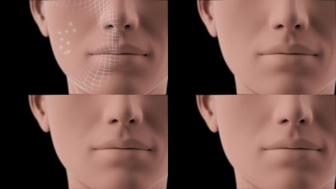 3D动画脸部特写修复皮肤污垢去除效果。深层清洁皮肤。皮肤毛孔。痤疮清洗。皮肤毛孔清洁透明背景