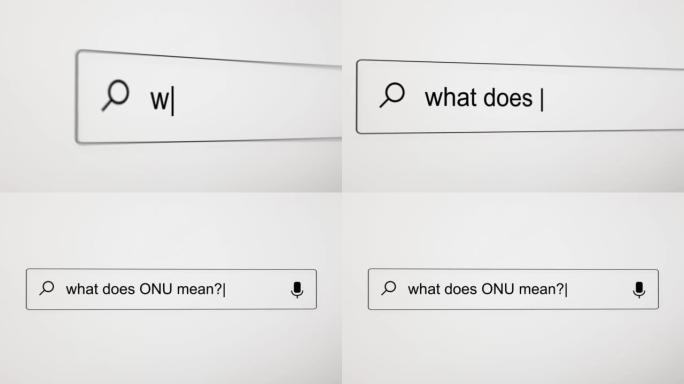 在PC屏幕上的Internet搜索引擎Web浏览器中搜索 “ONU是什么意思？”。4k分辨率。