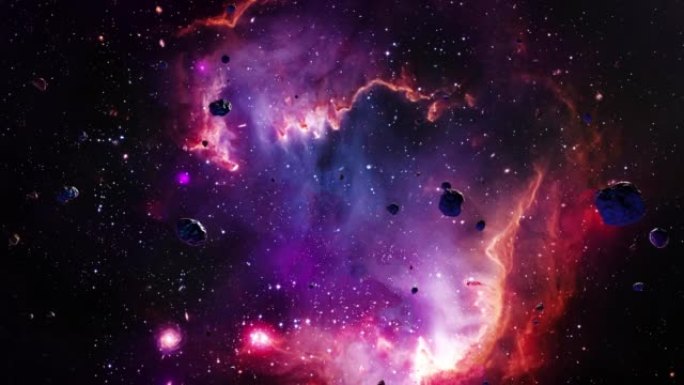 星系太空飞行探索小麦哲伦星系的太空岩石。4k循环动画，飞越发光的星云，云和星星场。