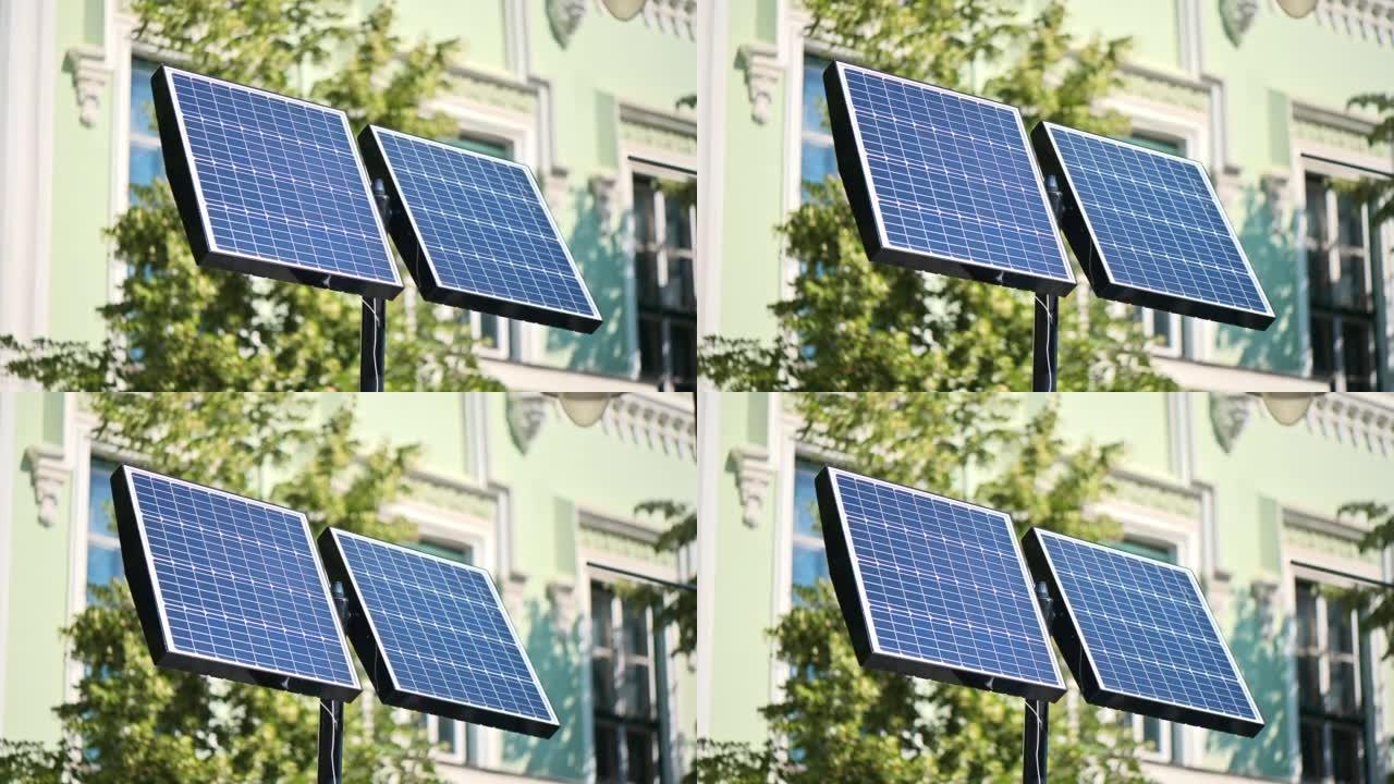 罗马尼亚锡比乌 (Sibiu) 街道上的一个柱子上的太阳能电池板的近距离观察
