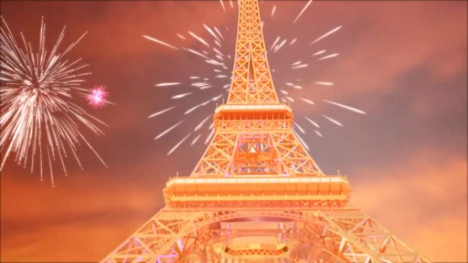 3D动画大型旅游埃菲尔与烟花爆炸在黄昏的天空背景。