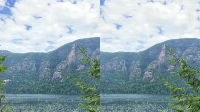 温哥华岛上巨大的深冷河流，靠近加拿大自然地标的高山雾和灰色天空美景