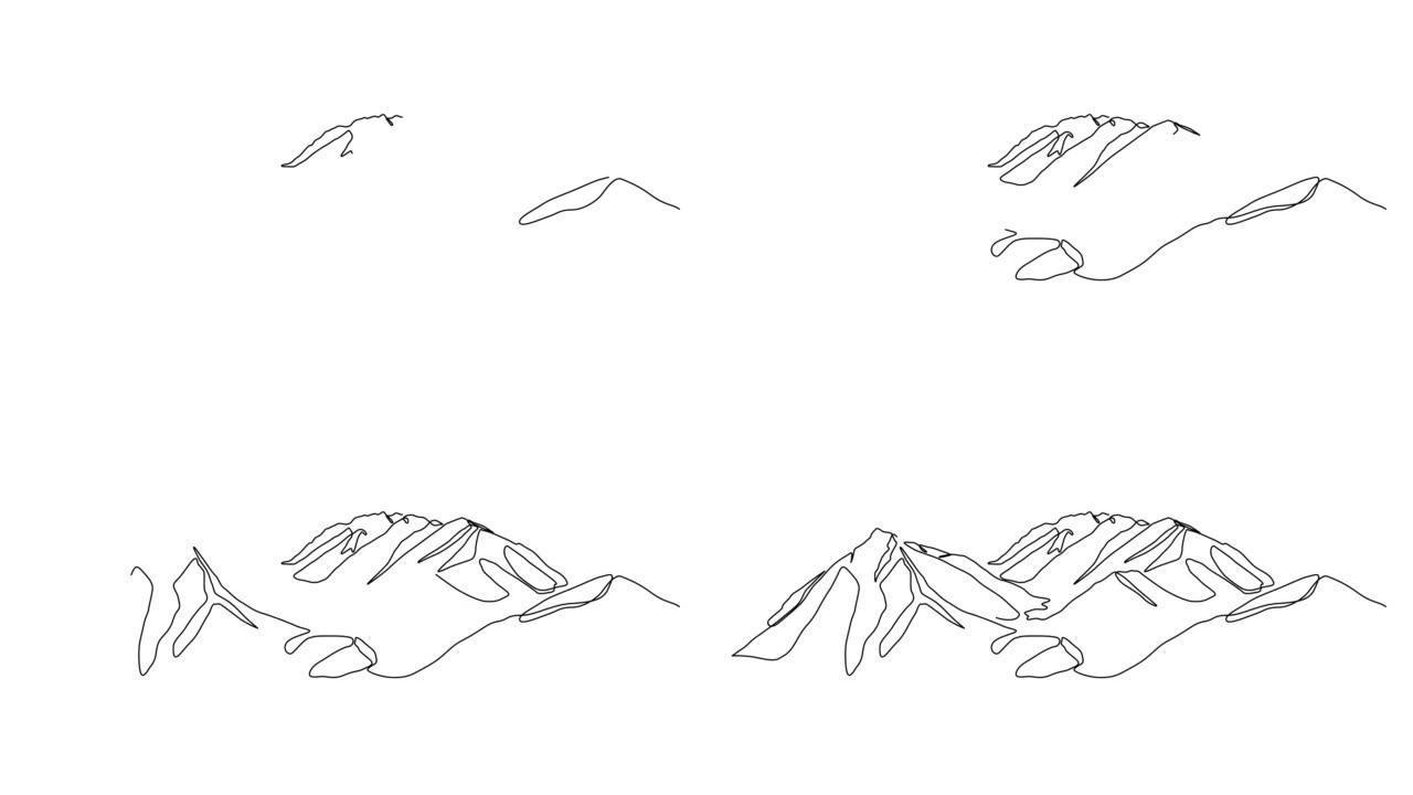 山地景观自绘动画。山脉简约连续一线画。4k。