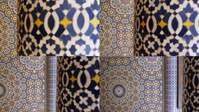 摩洛哥传统伊斯兰几何设计中的摩洛哥zellinge马赛克图案。由靛蓝、藏红花、薄荷、科尔制成的自然色