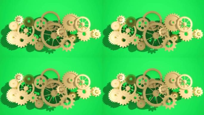 齿轮在循环动画绿色屏幕中旋转