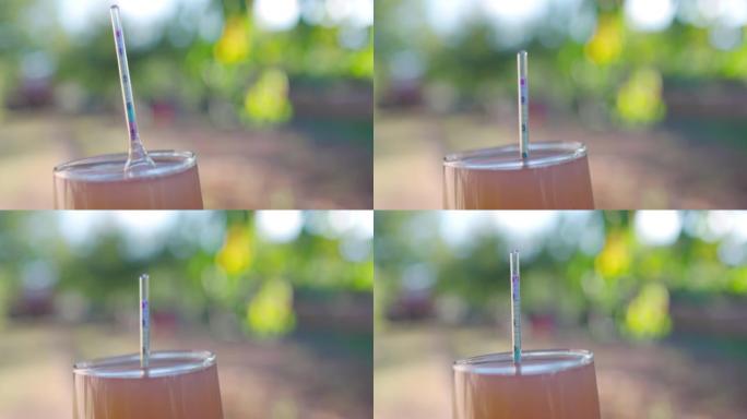 葡萄种植者将比重计放在玻璃杯中测试葡萄汁。用酒度计检查葡萄酒的酒精。