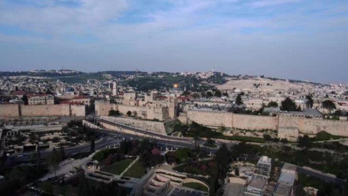 大卫塔和耶路撒冷老城城墙，日落，天线