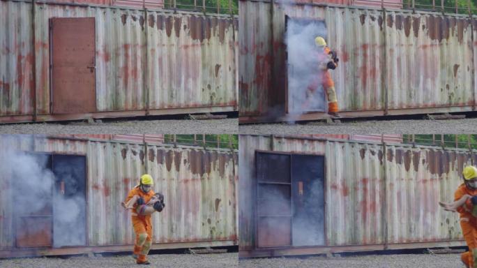 消防员或消防员在火灾后带着烟雾从房间的盖子里跑出来，走到外面安全的地方