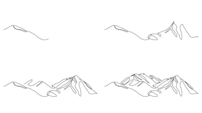山地景观自绘动画。山脉简约连续一线画。4k。