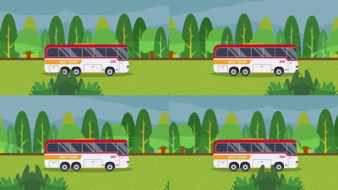 巴士之旅在绿色森林附近移动