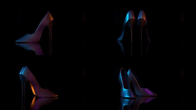 一双女鞋在黑色背景上旋转3D 4k循环动画，带复制空间