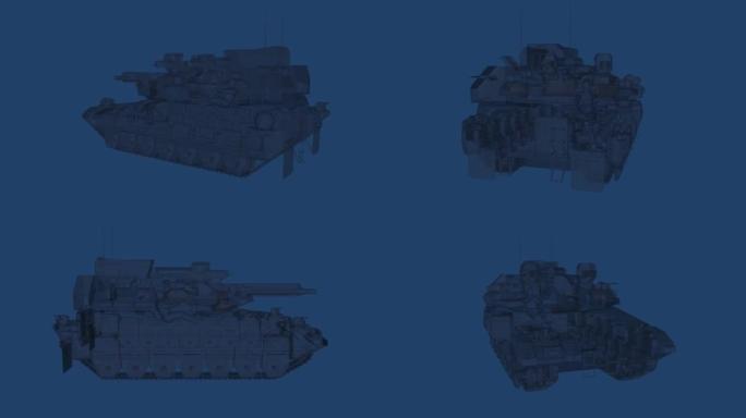 黑色陆军坦克，黑色背景上旋转的装甲军车。蓝色背景上有白线的战争坦克图形设计。