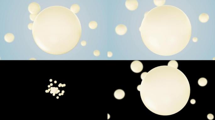3D动画分子宏原子细胞精华液乳霜，胶原蛋白透明水晶精华液和维生素护肤，清晰的背景。