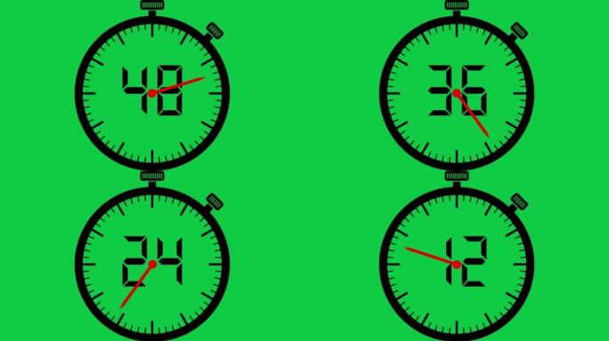 用秒表从60倒计时到0。色度绿色背景的单色4k视频。