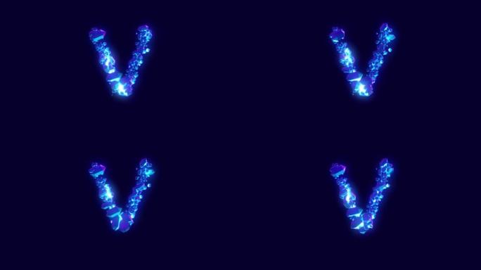 神奇的蓝色亮丽或冰冻的冰字母-字母V，孤立-循环视频