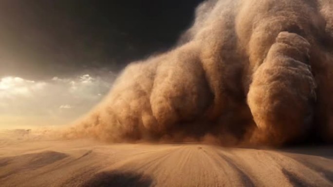 一场严重的沙尘暴，由汹涌的沙漠风形成雷鸣般的积雨云。摄像机从沙质沙漠地面追踪回来。