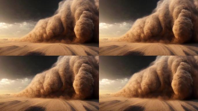 一场严重的沙尘暴，由汹涌的沙漠风形成雷鸣般的积雨云。摄像机从沙质沙漠地面追踪回来。