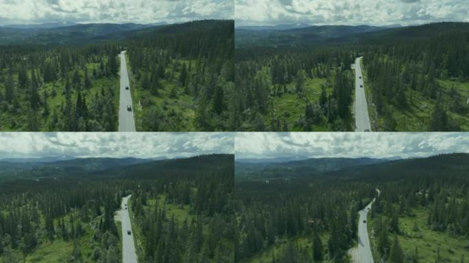 穿越挪威森林的道路的风景鸟瞰图