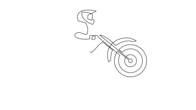 单线越野摩托车骑手在赛道上爬坡的自画动画。动画极限运动概念。4K