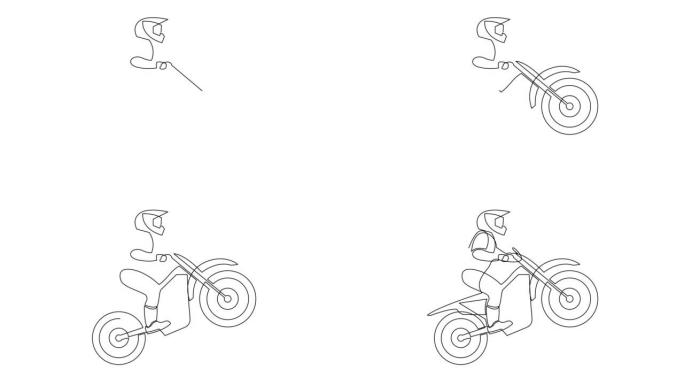 单线越野摩托车骑手在赛道上爬坡的自画动画。动画极限运动概念。4K