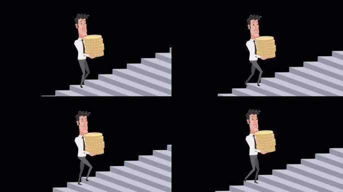 卡通男店员角色用阿尔法频道用一叠钱动画爬上楼梯