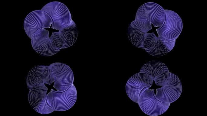 旋转颗粒的抽象花被黑色背景上的反射所环绕，抽象扭曲的形状。蓝色粒子阿尔法通道。没有背景的孤立。商业演