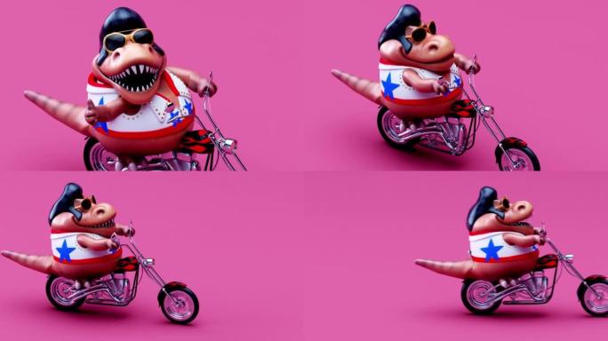 摩托车上的Trex有趣的3D卡通动画