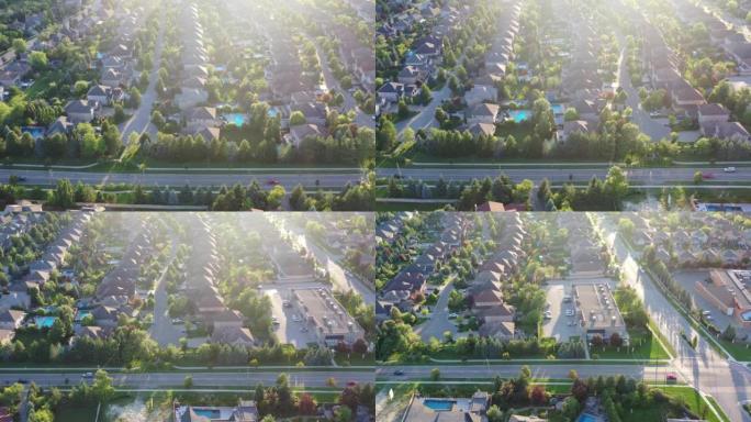 加拿大沃恩伍德布里奇卢瑟福路和伊斯林顿大道住宅区的鸟瞰图，独立式和复式住宅