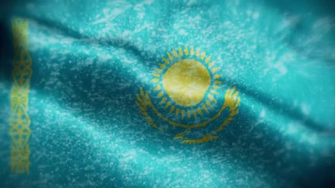 4K暴风雪/雪在哈萨克斯坦国旗股票视频。冷淡的哈萨克斯坦国旗。旋转/旋转的冰晶。雪花掠过哈萨克斯坦国