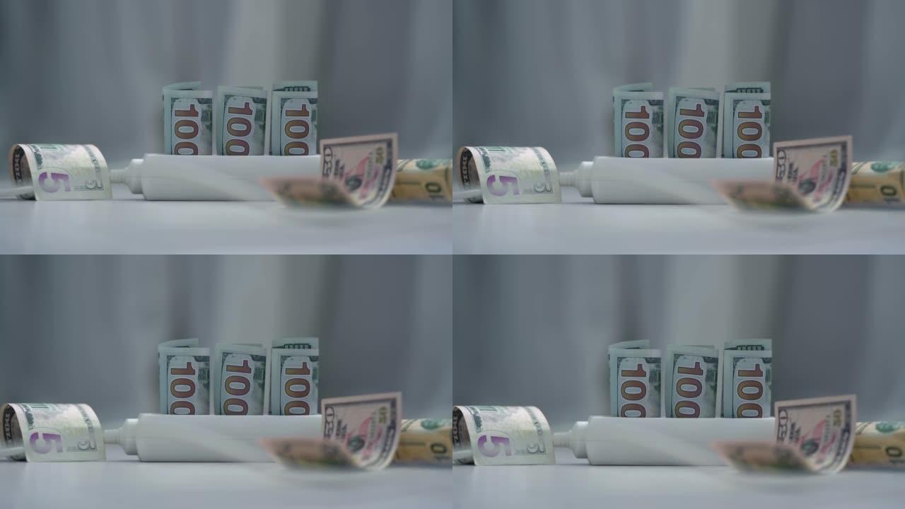 百美元钞票插在地板上的白色插座条上