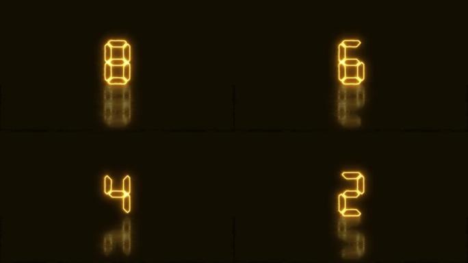 十大倒数，霓虹灯数字从10到1，黑色背景的动画光能
