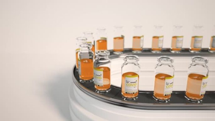 在研究实验室里，装有橙色液体的安瓿瓶沿着药物传送带移动。打开盖子关闭盖子。在实验室大规模生产针对冠状