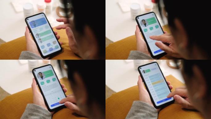 亚洲女性预约咨询医生在家中的手机应用程序。远程医疗