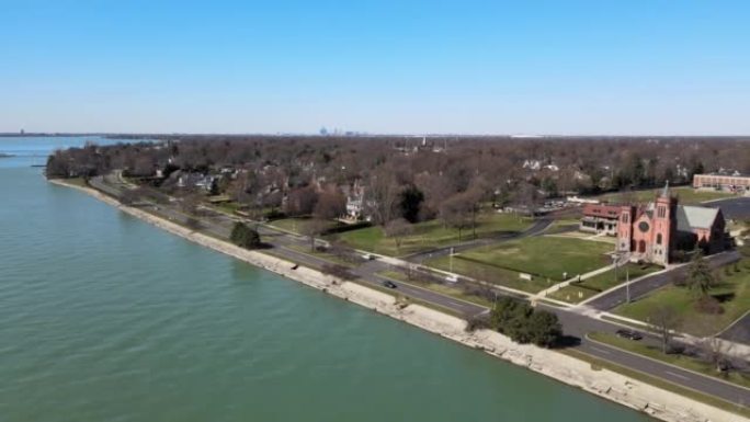 底特律密歇根州附近圣克莱尔湖海岸线的空中无人机镜头