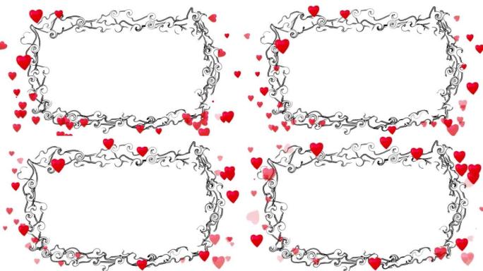 红色心脏和漩涡的动画元素用弯曲的线条抚摸黑色框架。复制空间。爱情的概念，