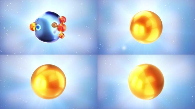 3D动画护肤黄金维生素胶原蛋白。原子分子飞入血清霜软球。