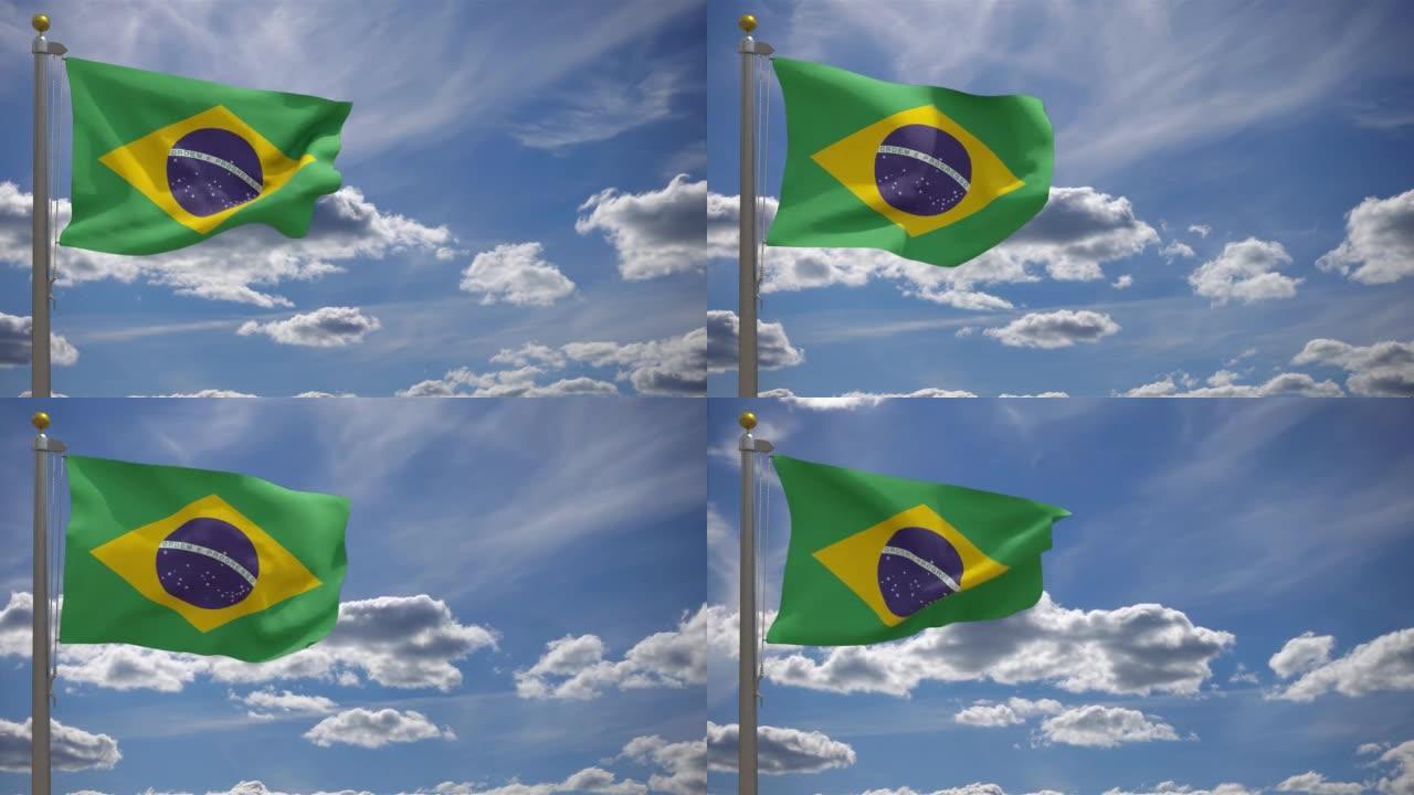巴西国旗与旗杆上的旗帜，3D渲染，两面旗帜