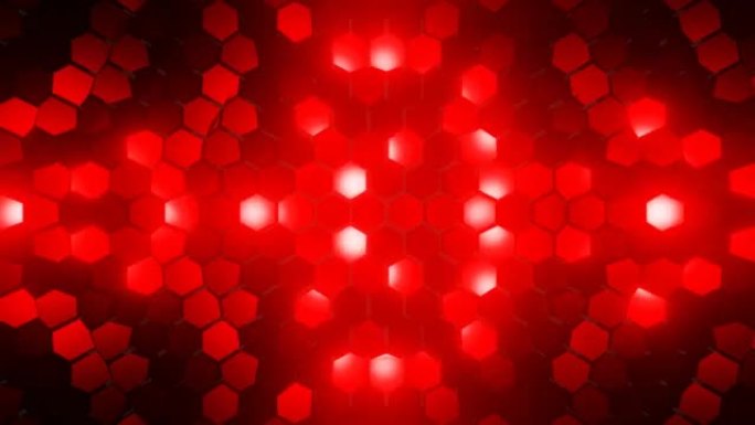 抽象闪烁的红光脉冲六边形墙背景。3d现代运动图形背景