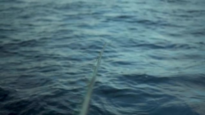钓鱼竿在蓝色的大海上弯曲。专业运动钓鱼。钓鱼竿特写。